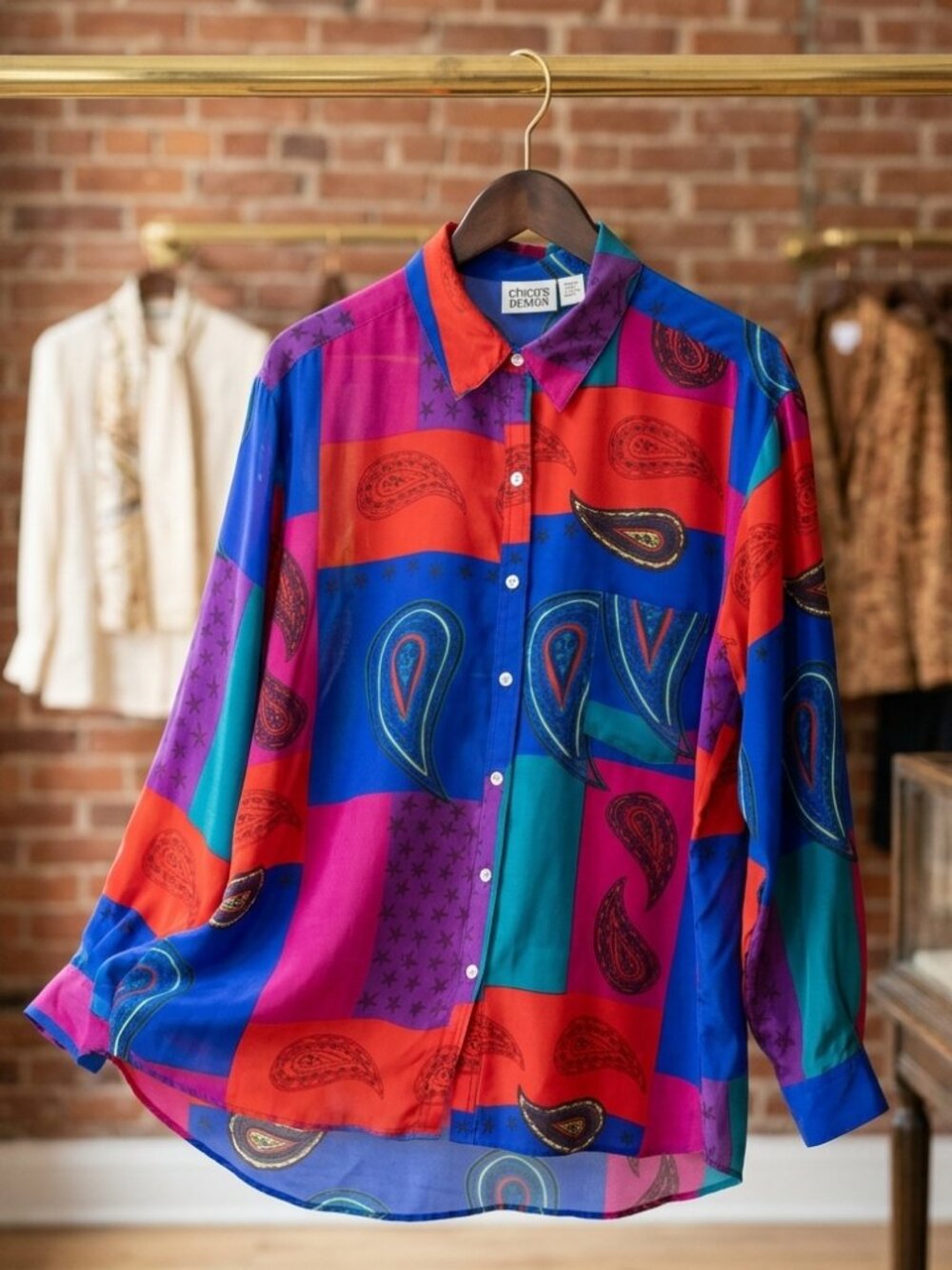 Chico's Design XL Size 3 Blue 100% Silk Paisley Patchwork Button Down Shirt